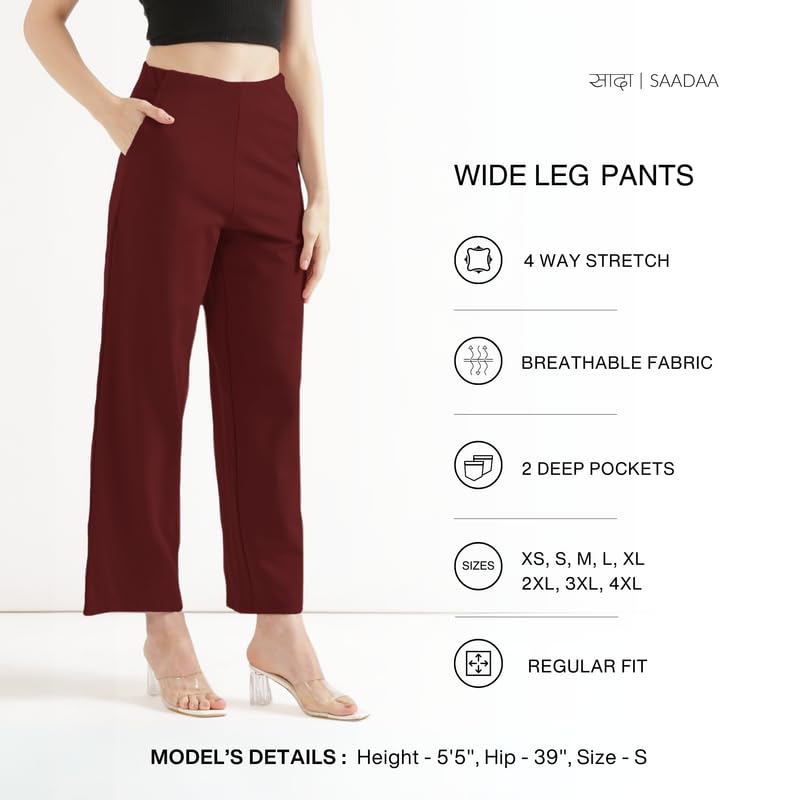 Image of SAADAA Palazzo Pants for Women Half-Elasticated Waistband | Palazzo for Women in Airy Linen Fabric | Regular Fit Mid Rise Waist & Deep Pockets | Versatile Formal & Casual Wear |