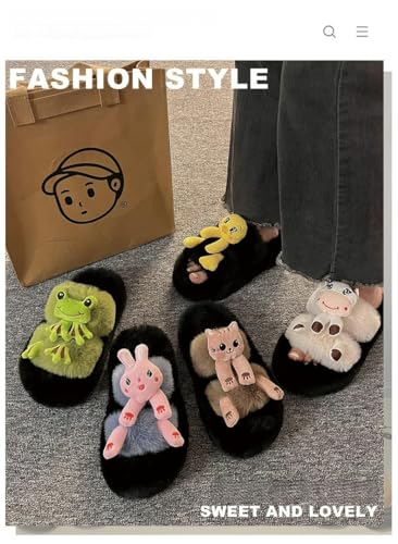Women Cute Fuzzy Slippers Cozy Cartoon Charm Thickened Sole Mules Non-Slip Indoor-Outdoor Shoes for Autumn-Winter (US7-7.5,Duck,7,7.5)2