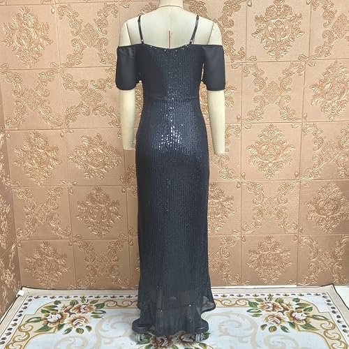Image of dasmzper Women Sexy Off Shoulder Bodycon Ruffle Split Hem Maxi Cocktail Party Evvening Night Out Dress Black