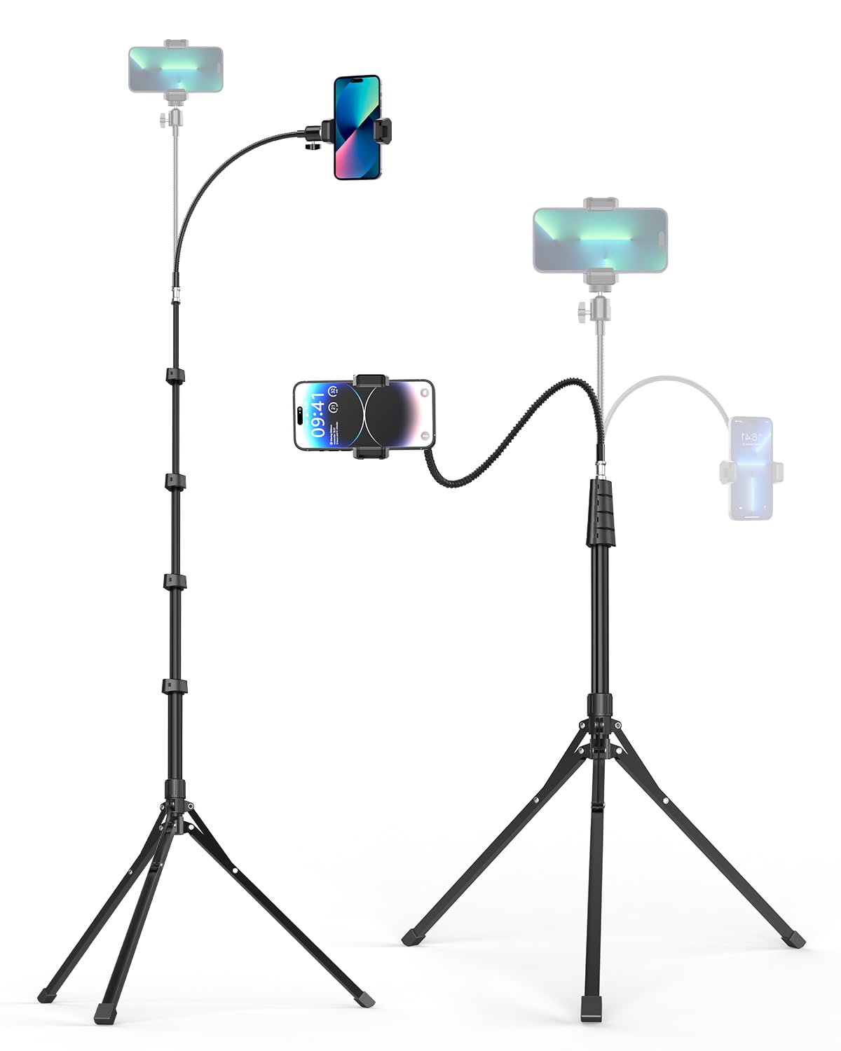 Aureday Phone Tripod, 92" Cell Phone Stand with 15" Gooseneck, Remote and Phone Holder, Overhead & Selfie Stick for Recording/Watching/Vlog, Compatible with iPhone Android: 92in Black