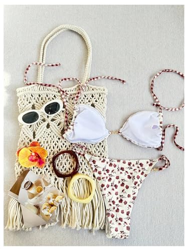 Image of RoseSeek Women's Floral Print Cheeky Bikini Sets Pearl Decor Halter Triangle High Cut String Thong Swimsuits
