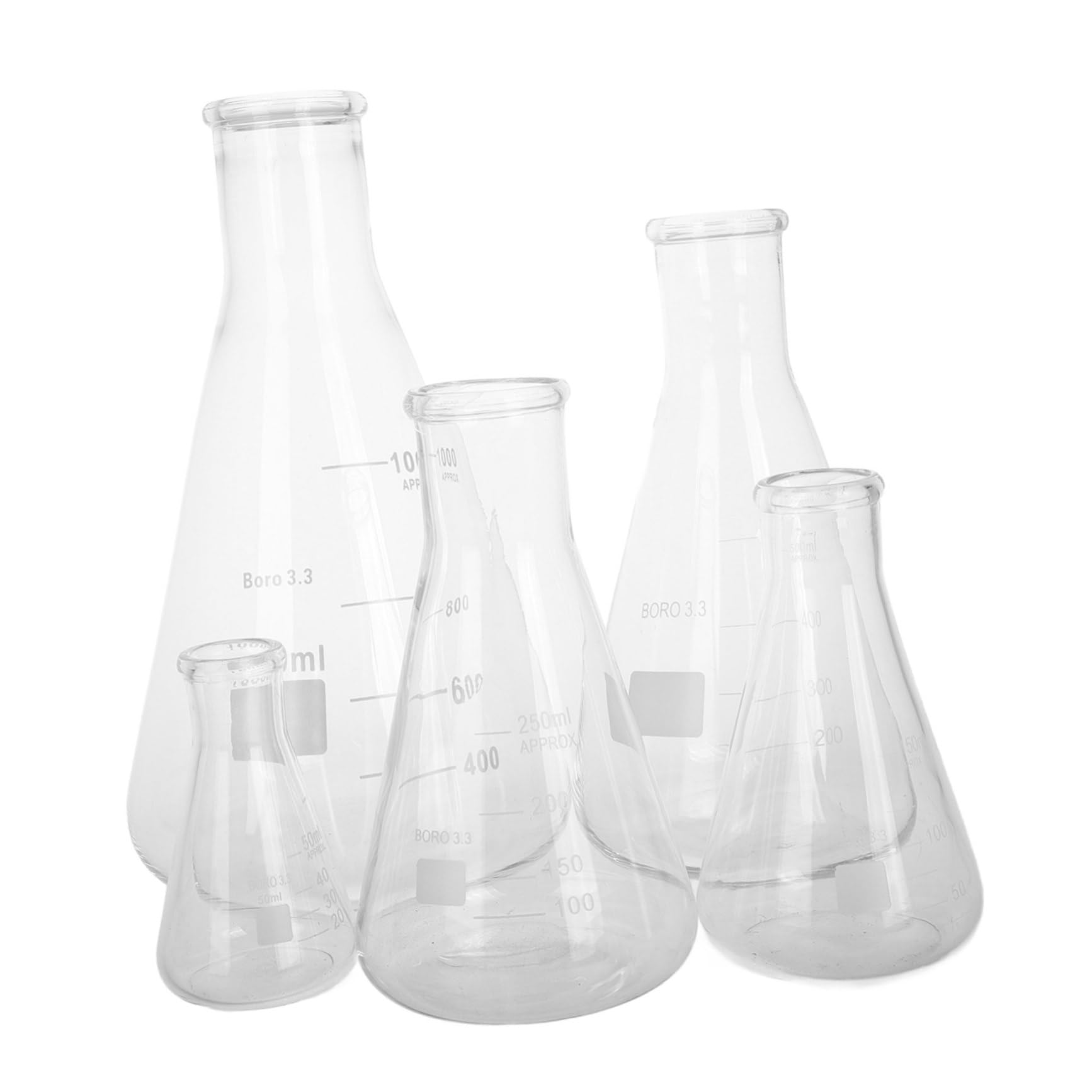 ULTECHNOVO Erlenmeyer Capacidad de 50ml a 1l Juego de 5 Matraces de Vidrio de Borosilicato Diseño Cónico y Base Triangular para Laboratorio Científico