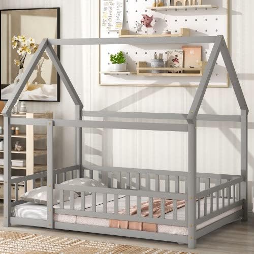 Miniatura 16 de Cama de suelo de tamaño matrimonial con valla para niños pequeños, cama Montessori con techo de casa, marco de cama de piso de madera matrimonial