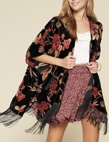 Image of MJ SERECA Women's Burnout Velvet Kimono Cardigan Cover Up with Tassel