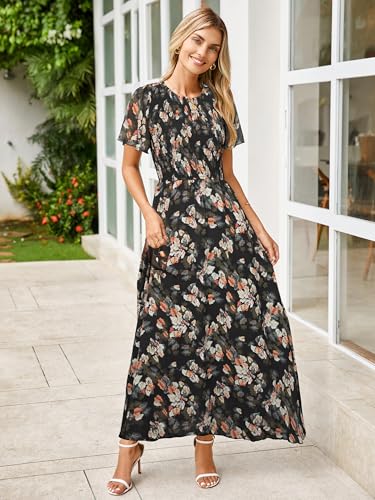 Image of Simplee Womens Casual Floral Summer Maxi Dress 2026 Boho Flowy Short Sleeve Crew Neck Vacation Smocked Chiffon Dresses