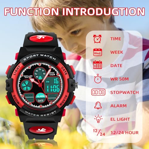 Image of Dayllon Boys Watch,Kids Watch for 5-15 Year Old Boys,Digital Sport Outdoor Multi Function Waterproof with LED Alarm Calendar Analog Watch for Kids Gifts