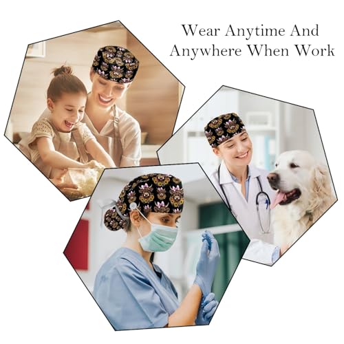 Image of 2 PCS Bouffant Cap with Button Ponytail Pouch Working Cap Sweatband Adjustable Surgical Cap Black and White Cow