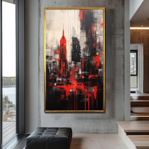 Skyline urbaine pour la décoration contemporaine d'un salon moderne avec ce grand tableau rouge - 2
