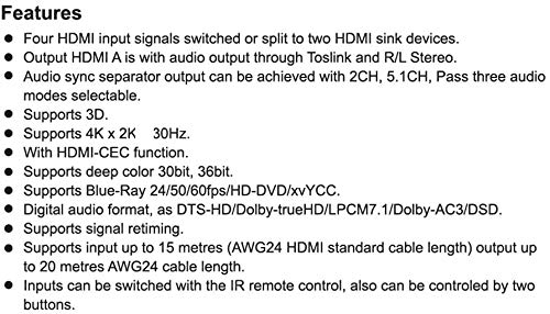 Full HD 4K 1080P HDMI Matrix 4x2 Switch Splitter EDID HiFi Matrix with IR Remote Control Audio Supports HDMI V1.4/3D/4Kx2K 30Hz