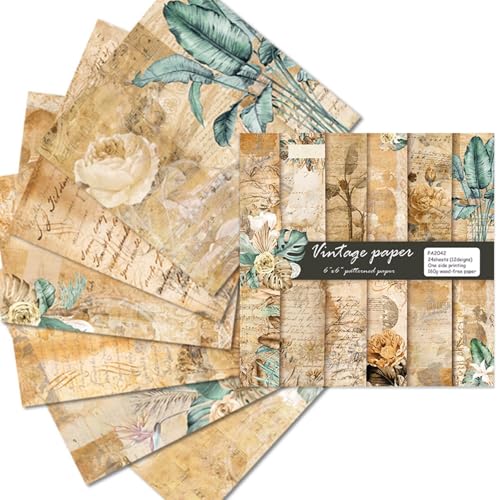 Vintage Scrapbook Paper Pack, 24 Sheets of Decorative Vintage Paper, Acid-Free 160gsm Single-Sided for Scrapbooking, Card Making, and Crafts (15.2 * 15.2cm)