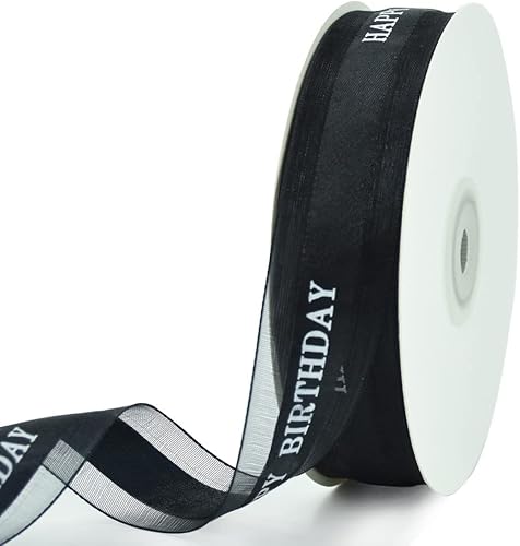 TONIFUL Cinta de feliz cumpleaños de 1 pulgada, cintas de seda de satén negro para envolver regalos, 50 yardas, cinta de organza de gasa para