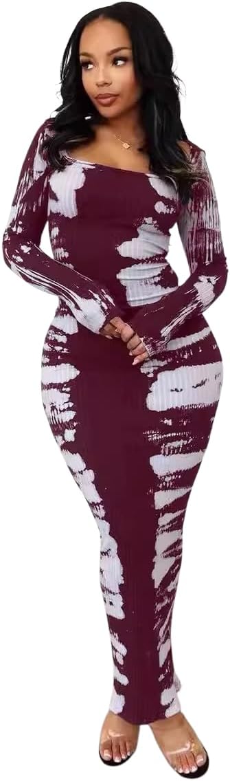 Women’s Long Sleeve Tie Dye Maxi Dress – Ribbed Knit Bodycon Square Neck Slim Fit Clubwear Party Dress