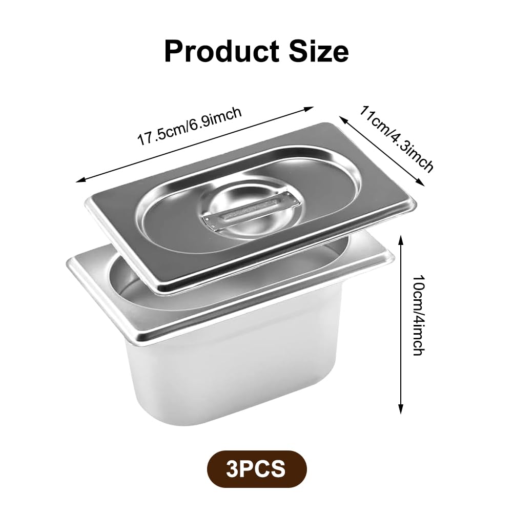 Set di 3 vassoi in acciaio inox con coperchio, contenitore GN 1/9, 17,5 x 11 x 10 cm, rettangolare, contenitore in metallo per cotolette, carne, pesce, panierstrasse, catering e buffet