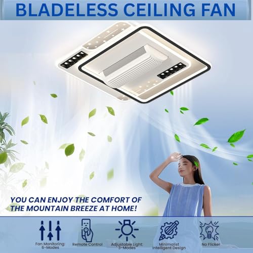 Image of Decorative Ceiling Fan with Light, Square Bladeless Ceiling Fan with 3-Color Dimmable Led Light with Remote,APP & Voice Control, Fancy Fans with Lights, Ideal for Bedroom & Living Room