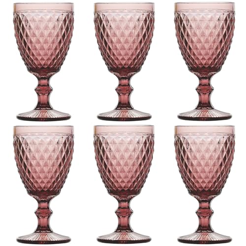 Purple Drinking Glasses set of 6 Colored Wine Goblets 10 OZ Vintage Glassware Pink Stemmed Pretty for Wedding Party Bar