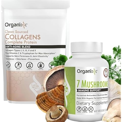 Organixx Clean Sourced Collagen Powder, Unflavored, 20 Servings & Organic Mushroom Supplement (60 Vegetarian Capsule) Cover