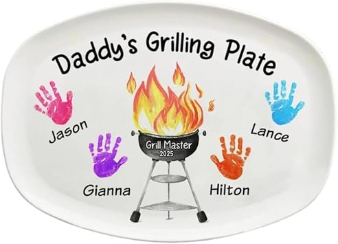 Custom Handprint Daddy Personalized Grilling Platter Daddys Grilling Plate for Family Personalized -Grilling Platter Gifts for Papa Dad on Fathers Day from Daughter Funny BBQ Birthday Present Ideas