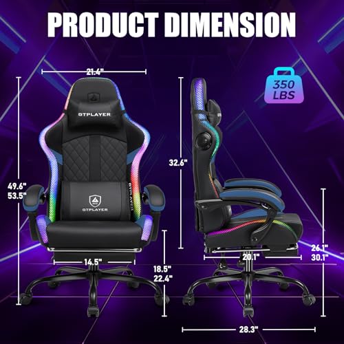 Image of GTPLAYER RGB Gaming Chair with Speakers - LED Computer Game Chair for Adults, PC Home Office Chairs with Footrest & Lights, Reclining Desk Chairs, Blue