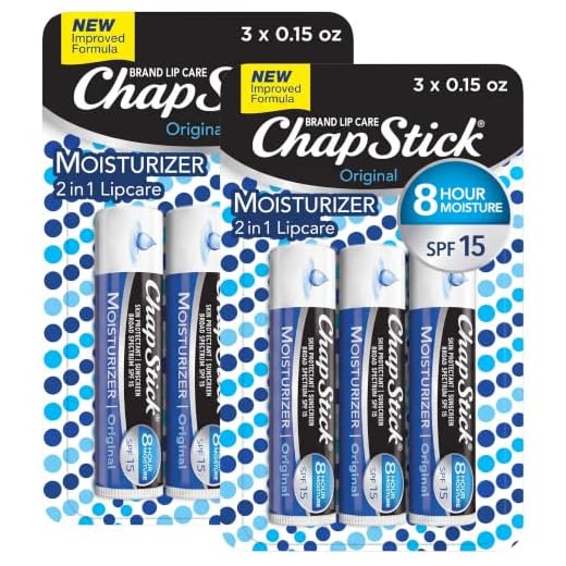 ChapStick Moisturizer Original Lip Balm Tubes, SPF 15 and Skin Protectant - 0.15 Oz, 3 Count (Pack of 2)