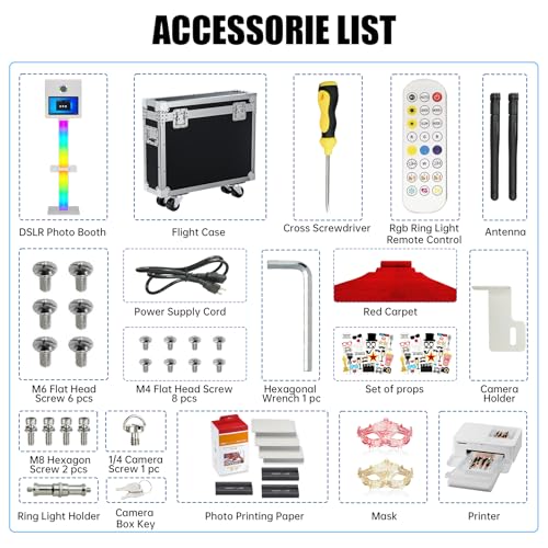Image of DSLR Photo Booth Built-in Mini PC and Flight Case Mirror Photo Booth with 15.6 inch Touch Screen RGB Lights App Control for Parties Weddings Event Rentals (White+Printer)