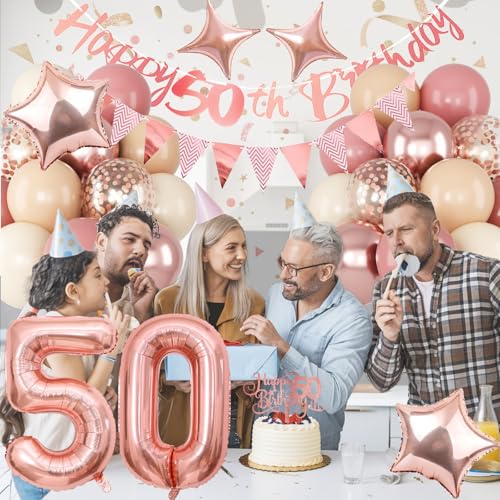 Image of Jobkoo 50th Birthday Decorations for Women, Retro Pink Beige Number 50 Balloon Set Happy 50th Birthday Banner Cake Topper Dusty Pink Beige Rosegold Star Balloons for Her 50 Year Old Bday Party Decor