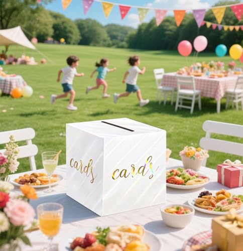 SietDESEO Iridescent White Card Box for Party 9 x 9 Inch Gift Card Box Holder for Wedding Birthday Graduation Baby Shower Decorations