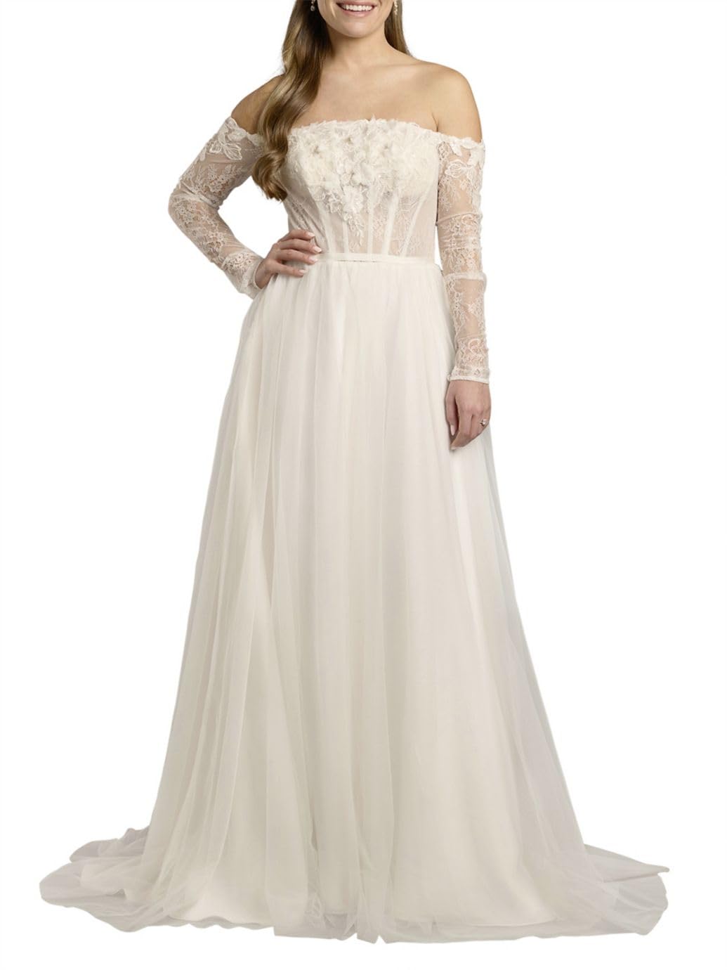 Photo 1 of David's Bridal Off-the-Shoulder Tulle Corset A-Line Wedding Dress, Women's Size 24W, Soft White