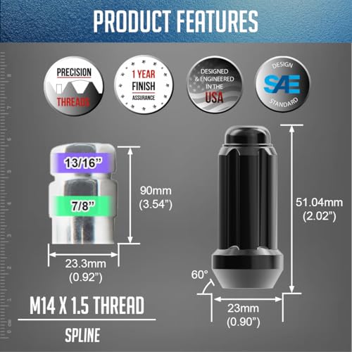 Image of Wheel Accessories Parts 24 Pcs M14x1.5 14x1.5 Thread Truck 2.00 inch Long Spline Lug Nuts Black 6 Spline Hex Fits Chevy Silverado 1500 Ford F-150 GMC Sierra 1500 RAM 1500
