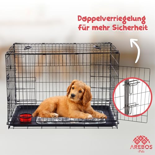 Arebos Hundekäfig 92,5 x 60 x 66 cm | Hundetransportbox Auto klappbar | Hundebox faltbar | Transportbox Hund mit 2 Türen | Hundekäfig für Zuhause | L Schwarz