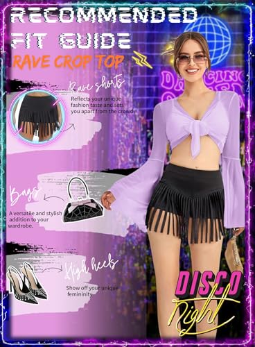 Rave Bell Mesh Crop Top for Women - EDC Festival Long Sleeve Tie Front Sheer Shirt Ruffle Fairycore Blouse Outfits4