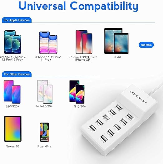 Image of WeFly USB Mobile Charger, Charging Station with Turbo Charging Auto Detect Technology Safety Guaranteed 10-Port Smart USB Ports for Multiple Devices Smart Phone Tablet Smart Watch (White)