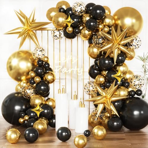 225Pcs Black and Gold Balloon Arch Garland Kit Black and Gold Party Decorations for 2026 Graduation Class Grad Prom Anniversary Wedding Prom New Years Eve Birthday Decorations for Men Women