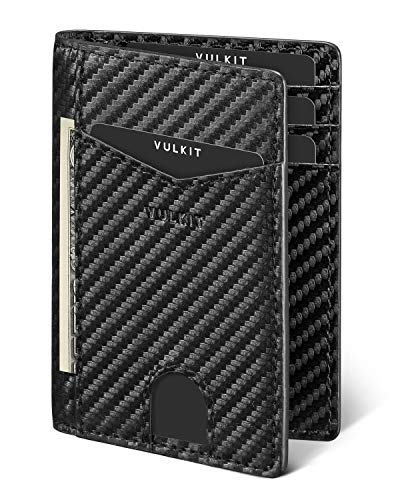 VULKIT Carteras para Hombre Piel Slim Cartera Tarjetero Hombre Pequeña RFID Bloqueo Tarjeteros con 10 Ranuras Porta Tarjetas & Billetes, Fibra de Carbon