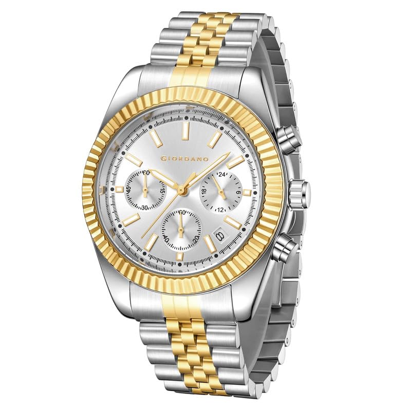 GIORDANO Chronograph Analog Watch for Men – Textured Bezel, Luminous Index Markers, Stainless Steel Strap & Date Display
