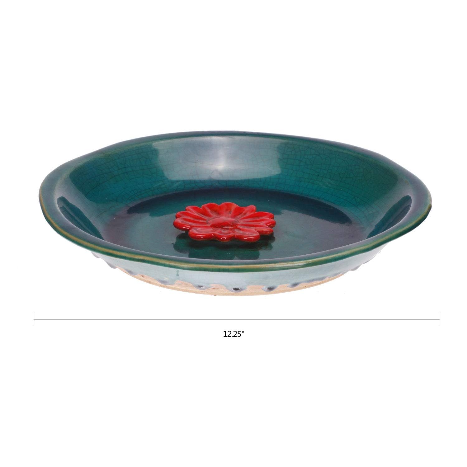 DUSVALLY Vintage okrągła wanna dla ptaków ceramiczna miska do kąpieli dla ptaków pszczół kąpiel na zewnątrz patio ogród podwórko podwórko, 31 cm niebieska z czerwonym kwiatem