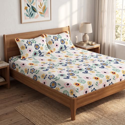 Image of LOOMLYFE 300 TC Cotton Double Bedsheet with 2 Pillow Covers | 90x100 Inches King Size Bed Sheet | Soft, Breathable & Fade Resistant Bedding Set - BlueSunflower