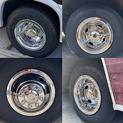 Image of 4X 16 Screw On Wheel Simulators Compatible with 2001-2007 Chevy GMC 3500 Truck 2003-2021 G3500 /G30 Van, 8 Lug Front Rear Dually Hub Caps Skins Liners Rim Covers Stainless Steel Polished 608GV
