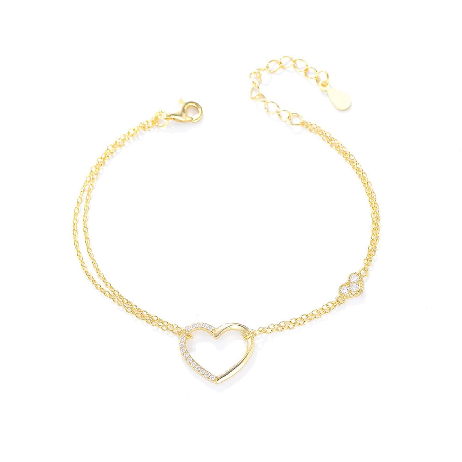Pulseras de Mujer Oro Blanco 9 K / 14 K / 18 K, Cadena con Corazón Hueco y Moissanita, Cadena Extensible 16 CM + 5 CM, Pulsera de Plata Mujer