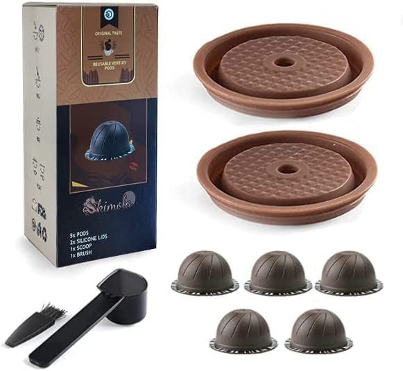 Reusable Vertuo Pods(5Pcs), 230mL Refillable Coffee Capsule for Vertuoline Pod, Compatible with Nespresso Vertuo Coffee Machine, with 2 Pcs Reusable Silicone Lids, Scoop, Brush