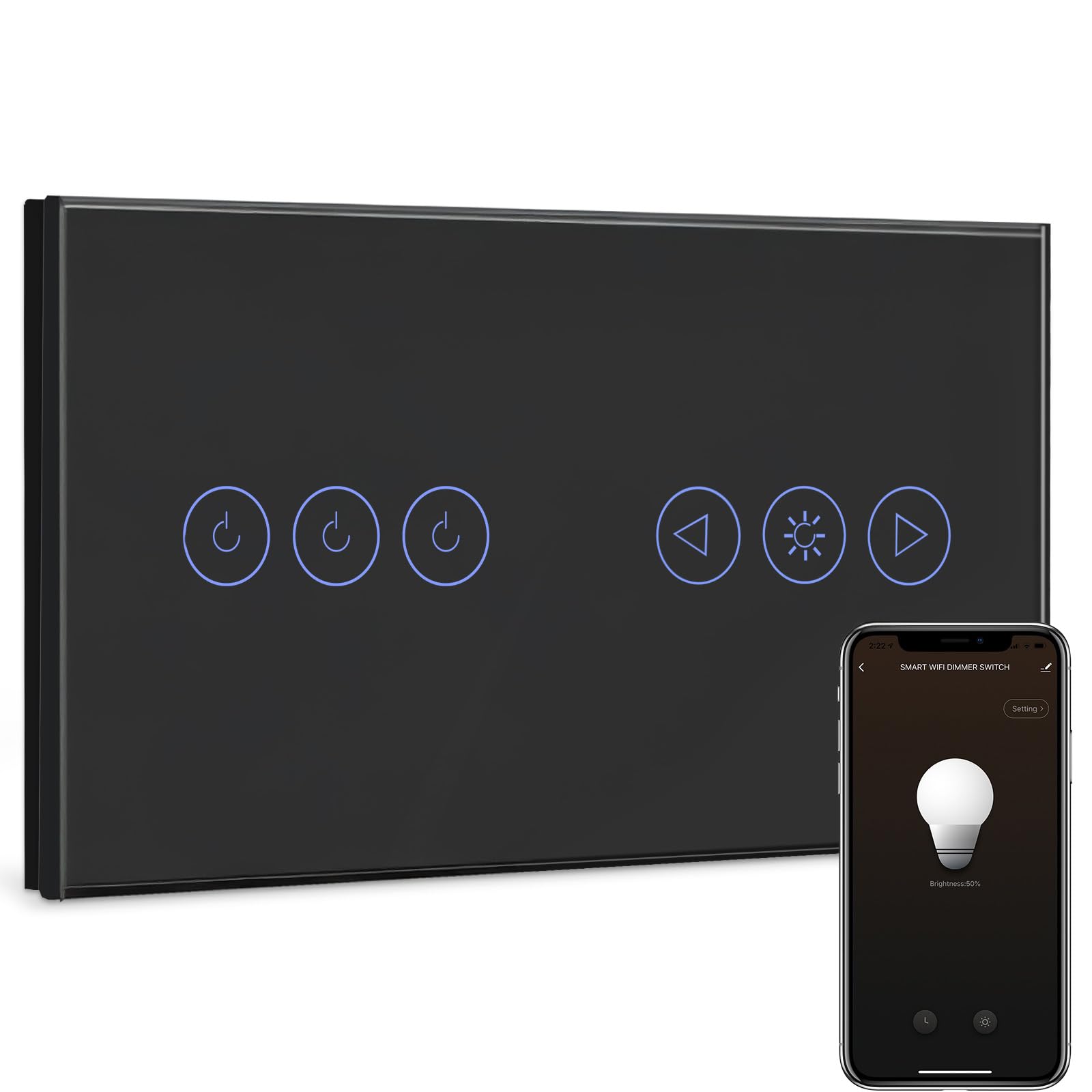 BSEED Interruttore WIFI Tattile e Interruttore Dimmer WIFI Alexa 3 Gang 1 Via, Interruttore Smart Compatibile con Google Home, Interruttore a Parete Nero(Richiesto la Linea Neutra)