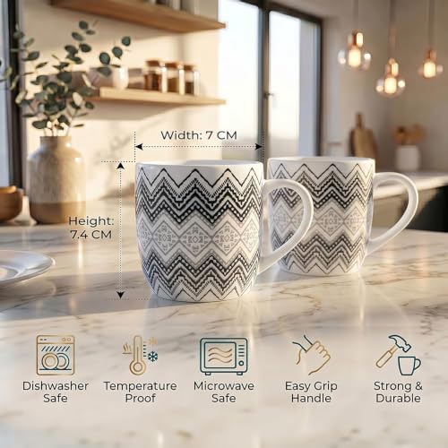 Image of U.P.C. Ceramic Coffee Tea Mugs Set of 6, Printed Tea Cups with Handles, Coffee Cups for Home & Office, Grey Chevron Zigzag Print, Stylish Drinking Cups for Tea, Coffee & Hot Beverages