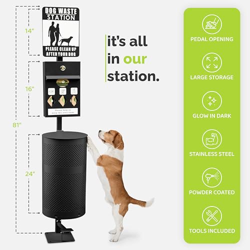 Image of Hands-Free Dog Waste Station Outdoor with Pedal - Dog Waste Disposal System for Park & Trails - Rust Proof Doggie Station - Night Glowing Sign | 800 Pet Waste Bags & 100 Can Liners (Black)