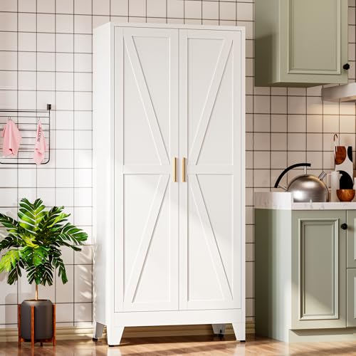 Image of Bevivog 71 inch Kitchen Pantry Cabinet, Metal Storage Cabinet with 2 Doors and 4 Adjustable Shelves, Farmhouse Tall Food Cabinet Pantry Shelves Storage for Kitchen, Home Office, Living Room, Laundry