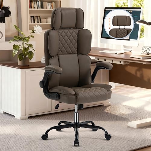 Image of Office Chair with Adjustable Headrest - Executive Leather Desk Chair for Home Office, with Flip-Up Arms & Ergonomic Lumbar Support, Perfect for Work and Study, Brown