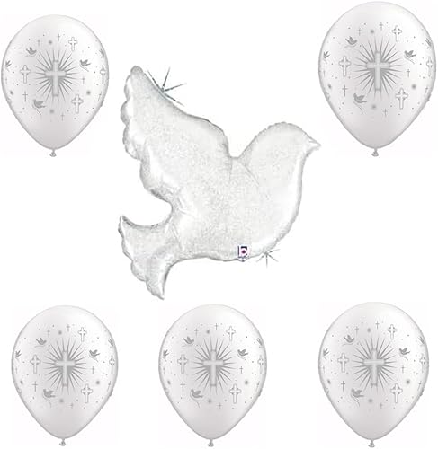 Miniatura 7 de Globo de aluminio de paloma perla de 34 pulgadas y (5) globos de látex de palomas de cruz blanca de 11 pulgadas, perfecto para bodas, decoración de