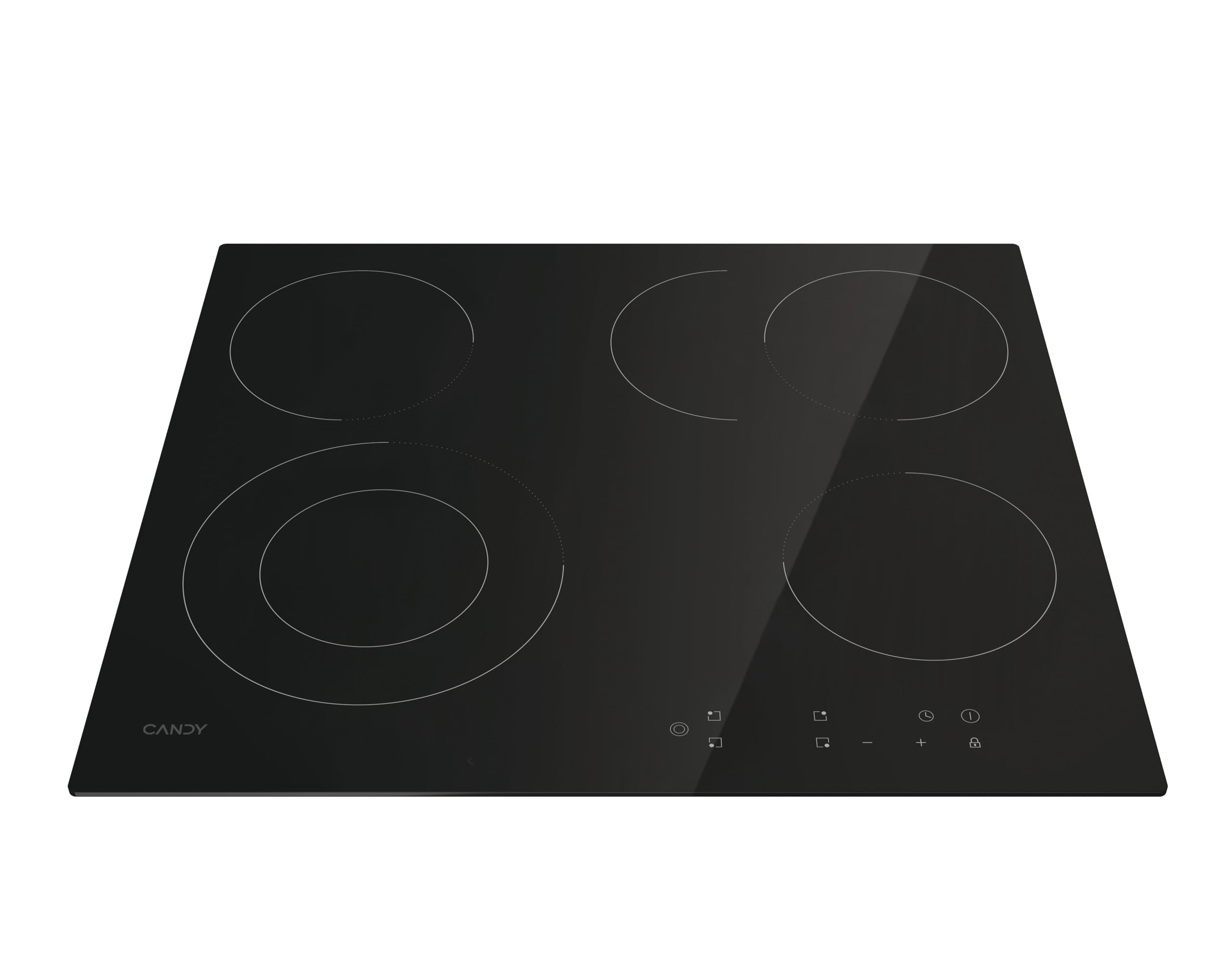 Candy CEH6DXECTT/1 Kochfeld/Autarkes Hi-Light Kochfeld/Breite 60 cm/Mono Touch Bedienung / 4 Kochzonen/Timer/Kindersicherung/Rahmenlos/Glas Schwarz