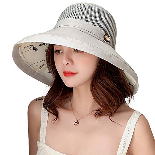 Women Mesh Sun Hats Summer Beach Uv Protection Upf Packable Wide Brim Chin Strap (Grey) #TOP3