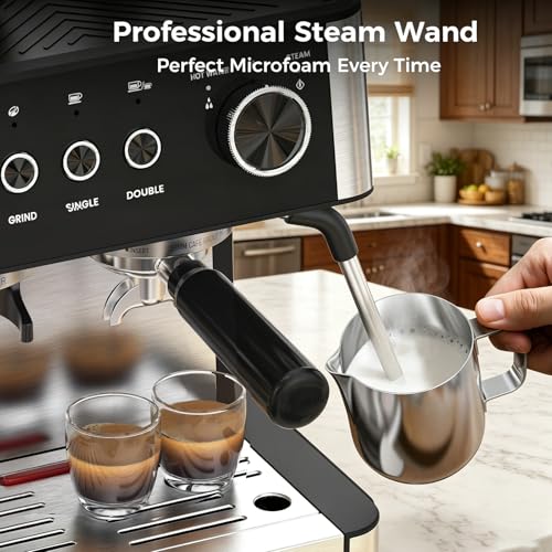 Image of Electactic Espresso Machine with Grinder,Expresso Coffee Machines, Professional Coffee Maker for Latte & Cappuccino with Milk Frother, Expresso Machines for Home,Steam Wand-Black /Silver