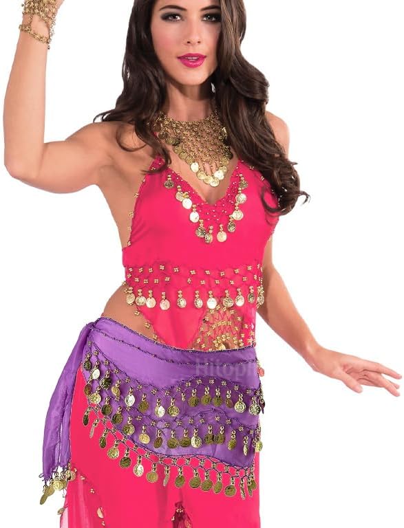 2 Pieces Belly Dance Hip Scarf, Belly Dancing Skirt with 128 Gold Coins, Belly Dance Hip Skirt, Belly Dancing Skirt Hip Scarves, for Belly Dance Yoga Class, Women (Black, Purple) - Image 5