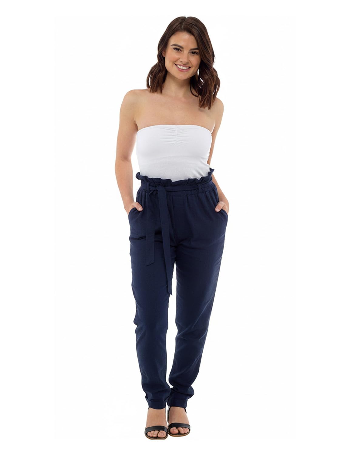Slumber Hut Ladies Linen Paperbag Waist Trousers LN934 Navy 14